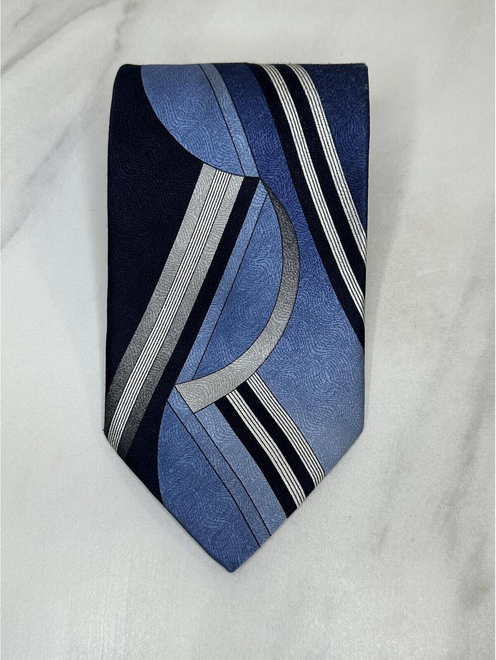 Vintage Pierre Balmain Paris silk tie blue/navy/silver abstract striped designer
